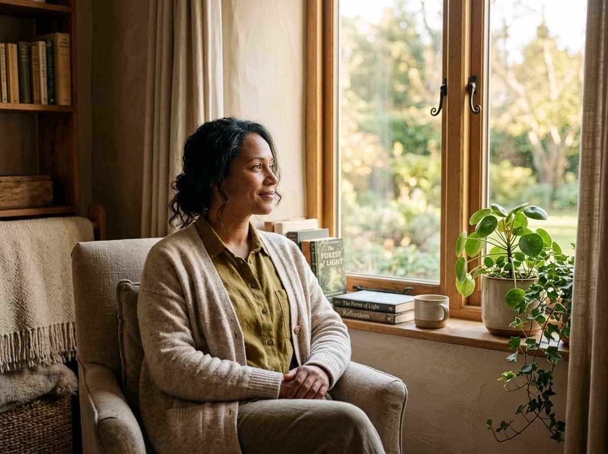A woman in a cardigan sitting in an armchair by a sunlit window, smiling softly